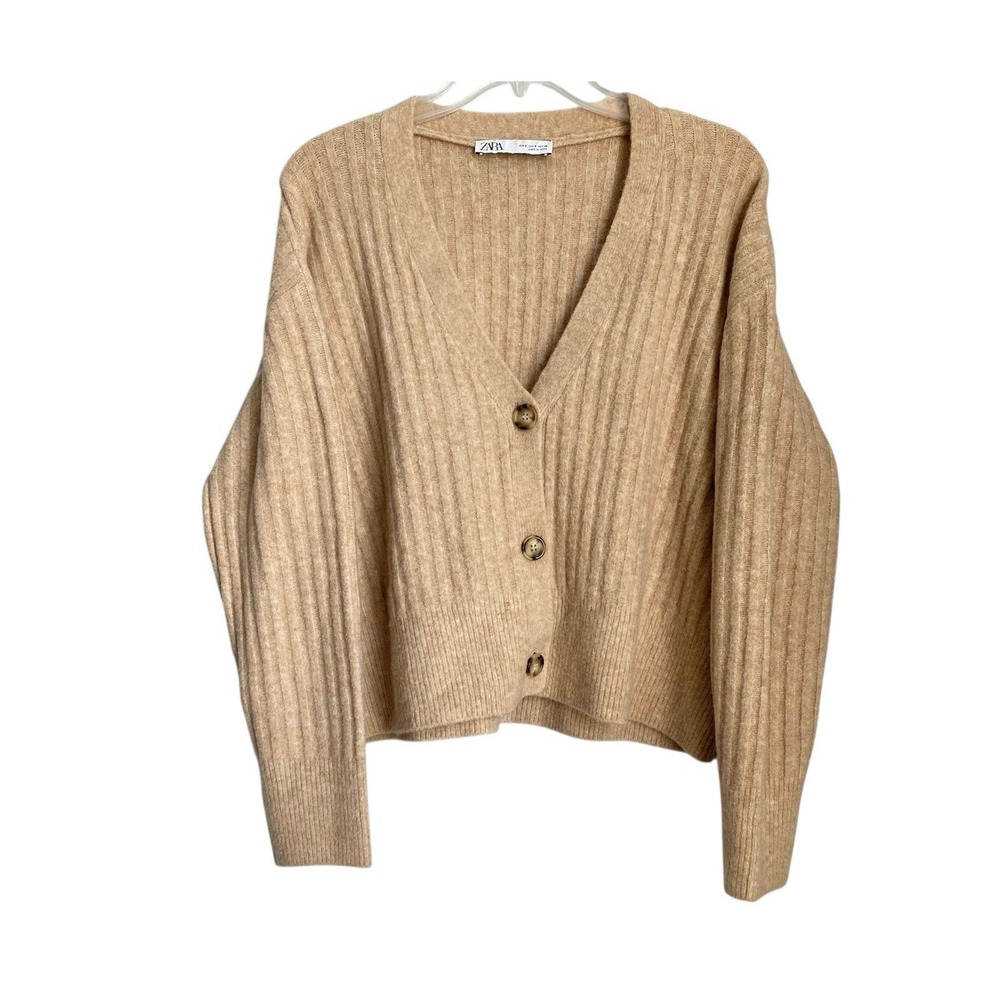 Zara Womens Ribbed Knit Wool Blend Minimalist Cardigan Sweater Tan Size Small